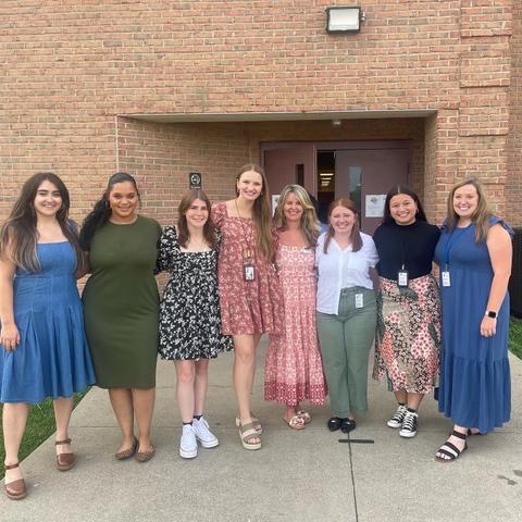 Left to right: Summer student teachers Caroline Murphy, Kyndal Bard, Haley Patterson, Emma Roberts, Joni Meade (elementary education clinical instructor), Mary Thom Adams, Chelsea Mason and Madison McDonald. 